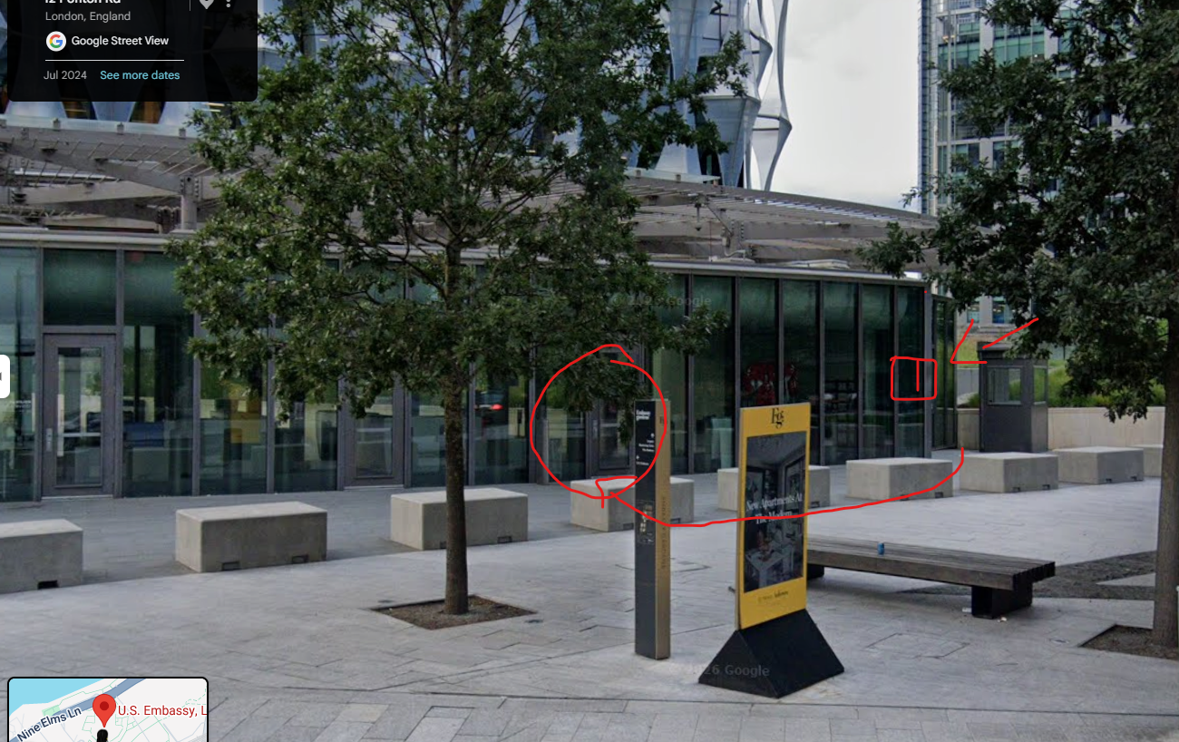 US Embassy London exterior showing entrance doors (left) and PassBack window (right)