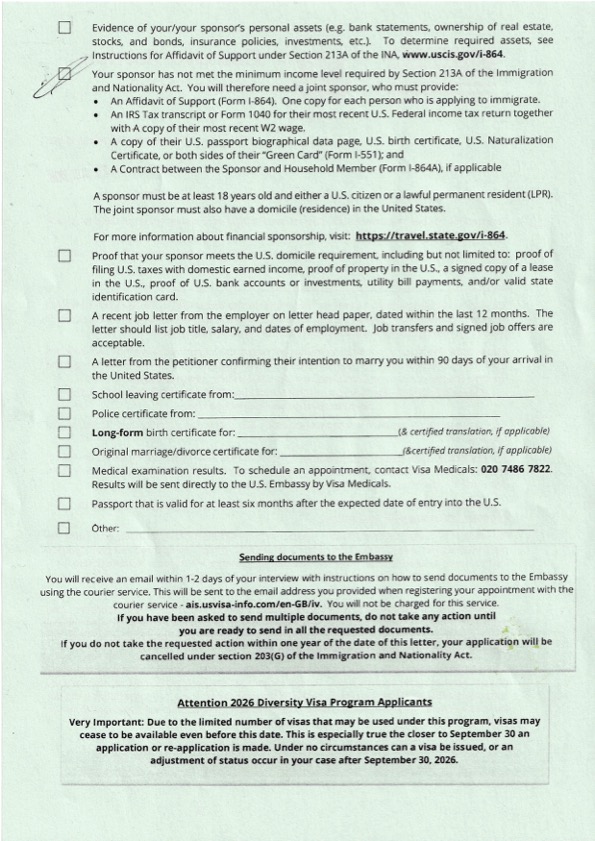 Page 2 of the green 221(g) refusal sheet showing the document checklist. The box stating the sponsor has not met the minimum income level is ticked, listing the required joint sponsor documents: Form I-864, tax transcript or 1040 with W-2, proof of US status, and Form I-864A if applicable.