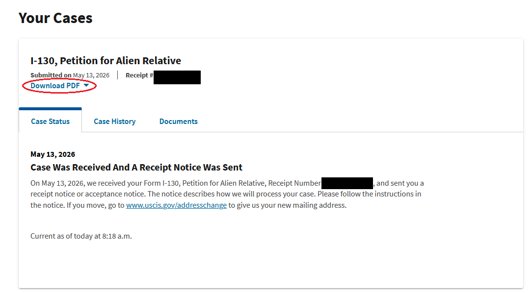 myUSCIS Your Cases page showing an I-130 Petition for Alien Relative case with the Download PDF link circled below the submission date and receipt number