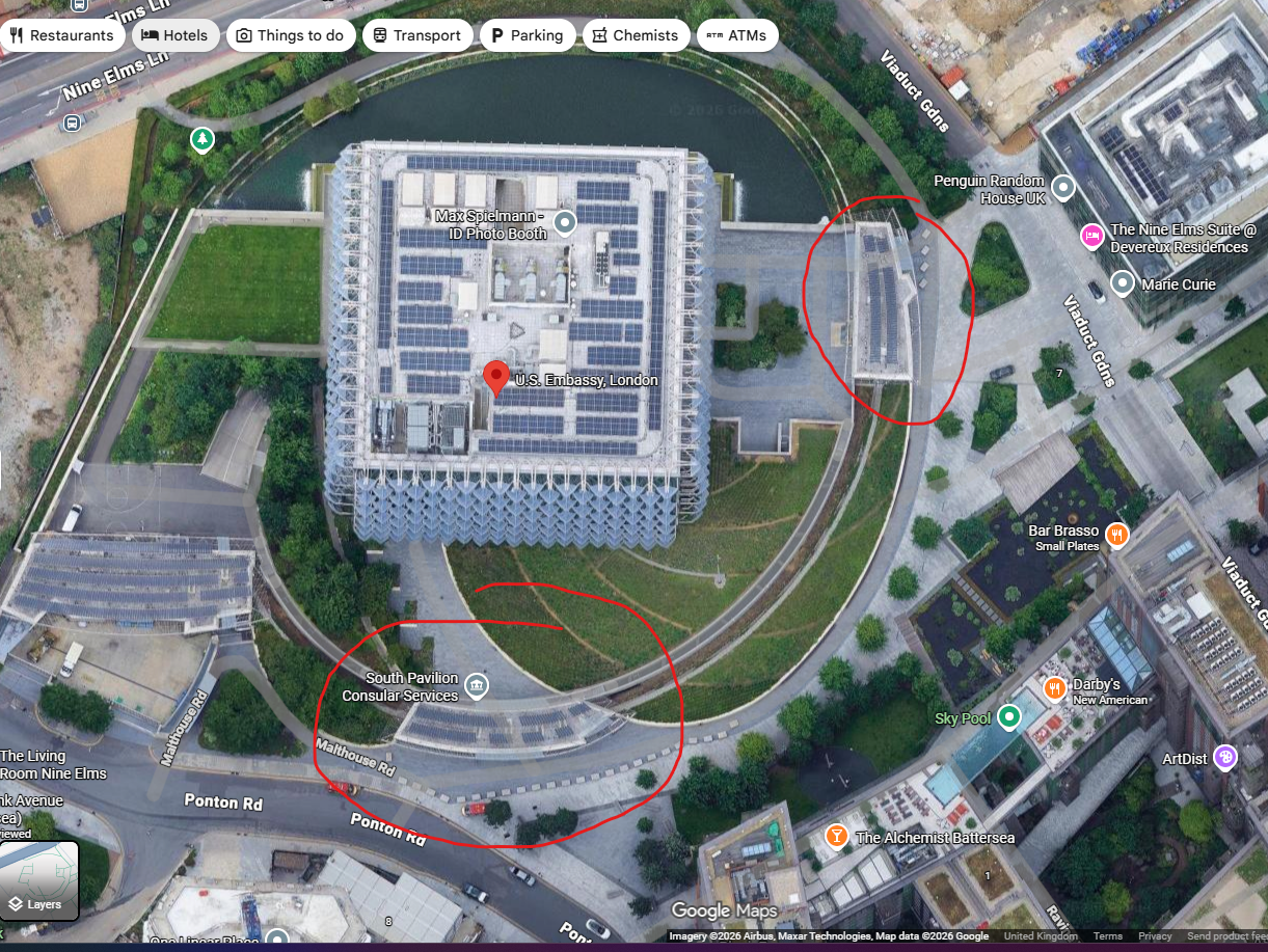 South Pavilion location at US Embassy London, alongside Ponton Road